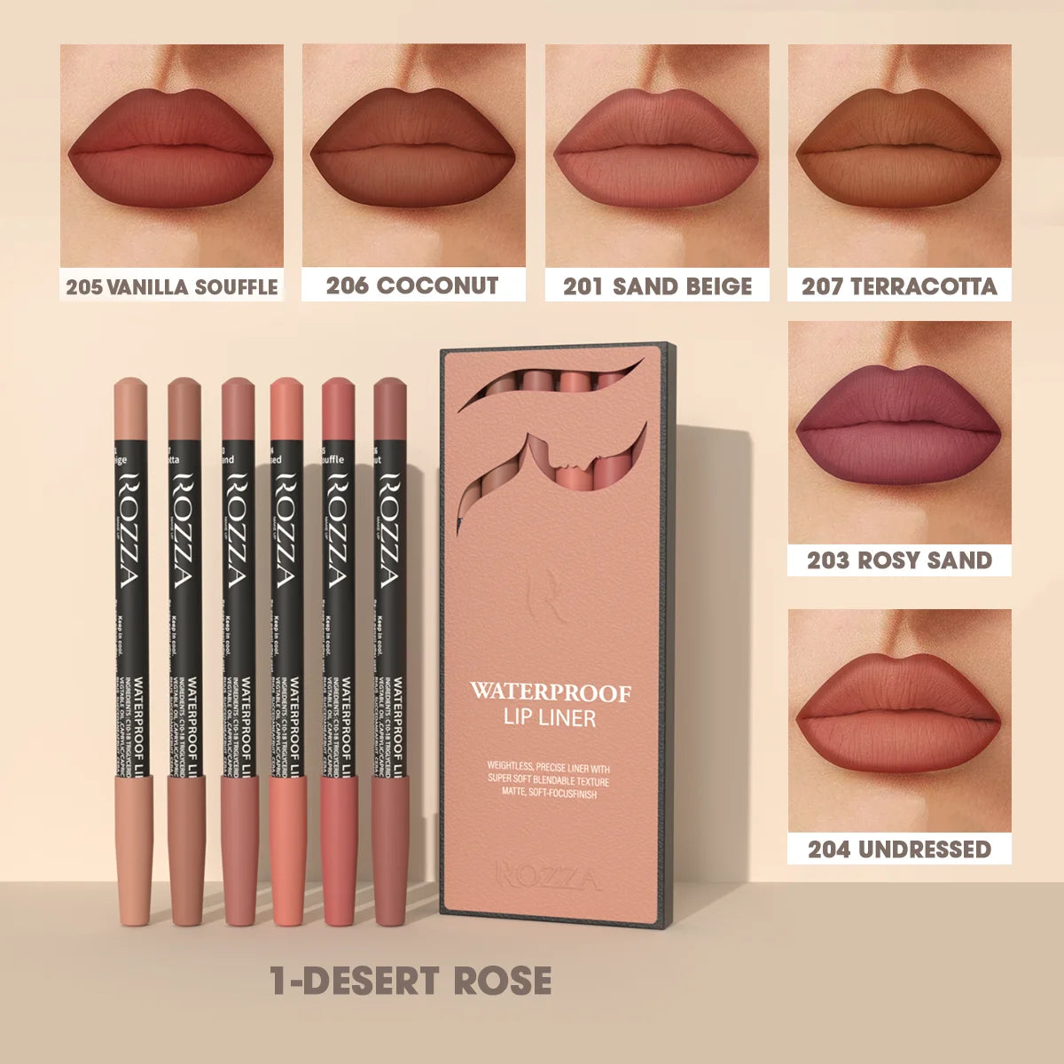 Rozza Crayons Lèvres Waterproof & Mat – Pack de 6 Précision Ultra-Douce